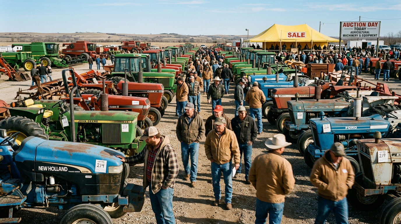 Rows of used tractors lined up at an outdoor equipment auction
