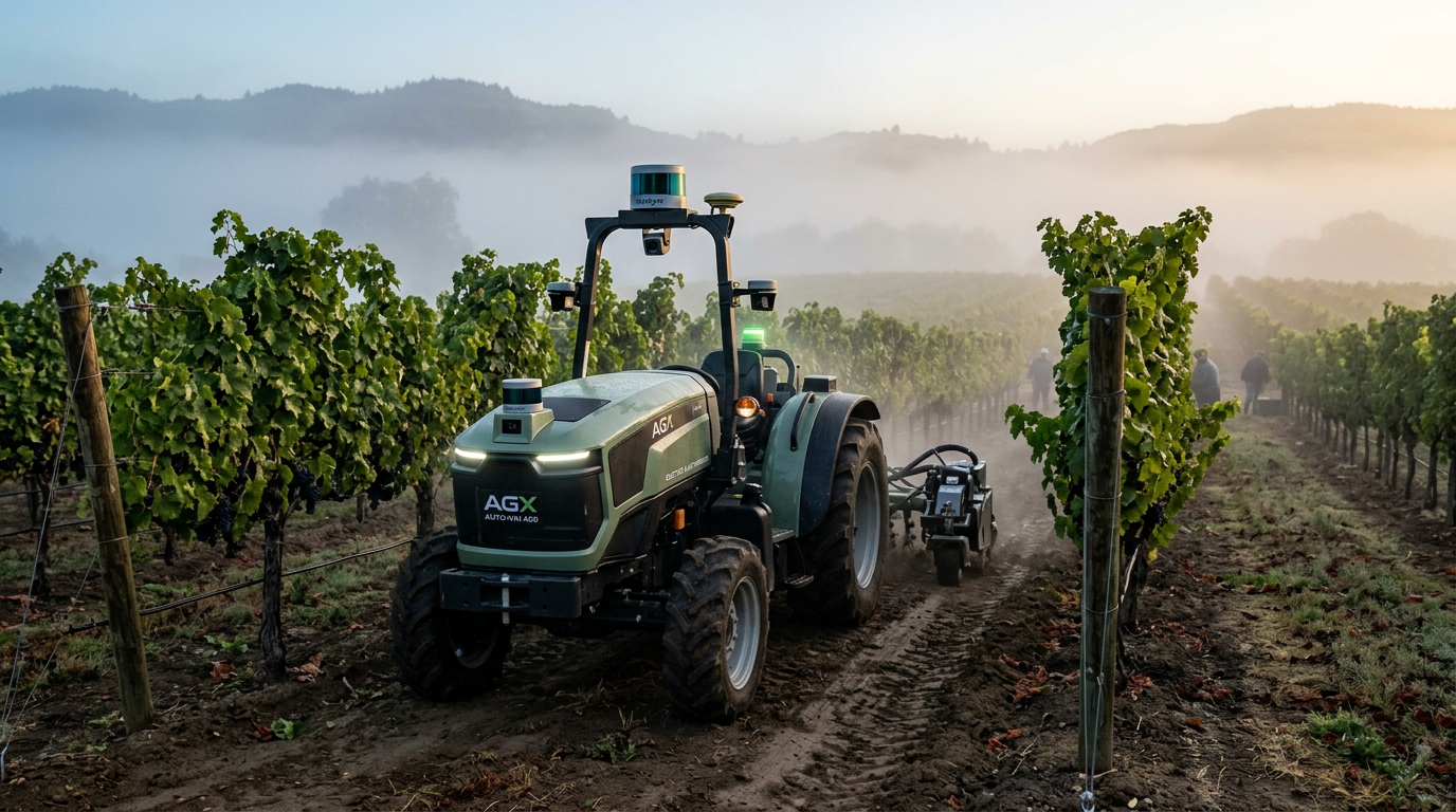 A cab-less autonomous electric tractor working in a misty vineyard at dawn