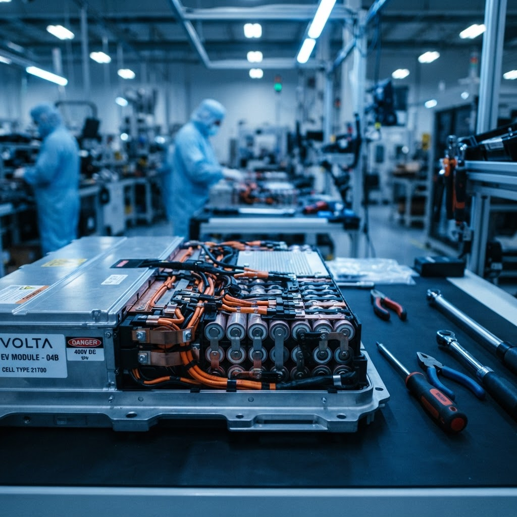 Close-up of an electric vehicle battery module on a workbench