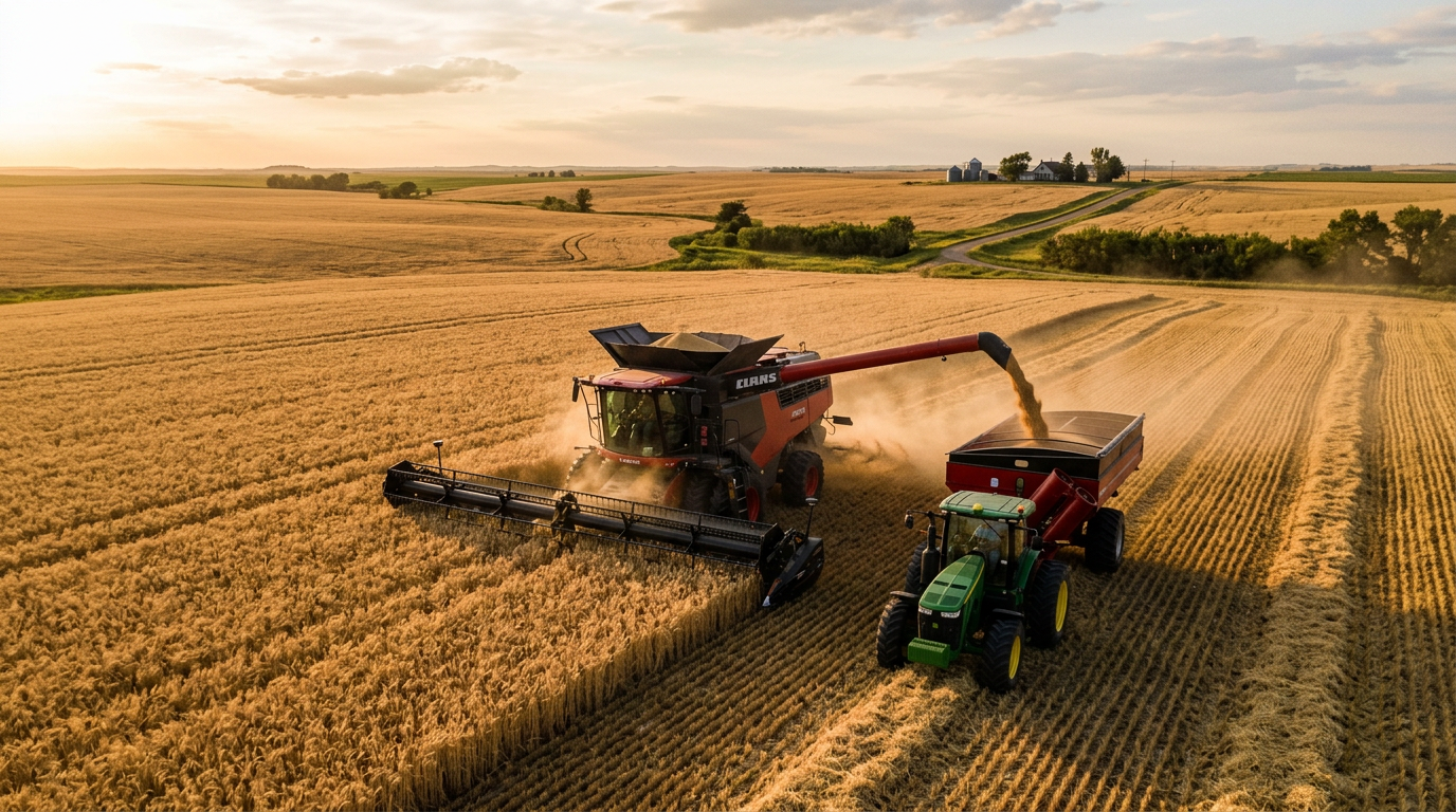 A combine harvester cutting golden wheat with a grain cart alongside