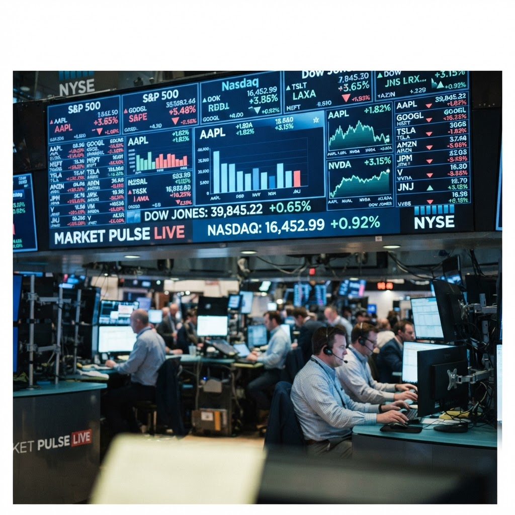 A digital market display board showing charts and numbers