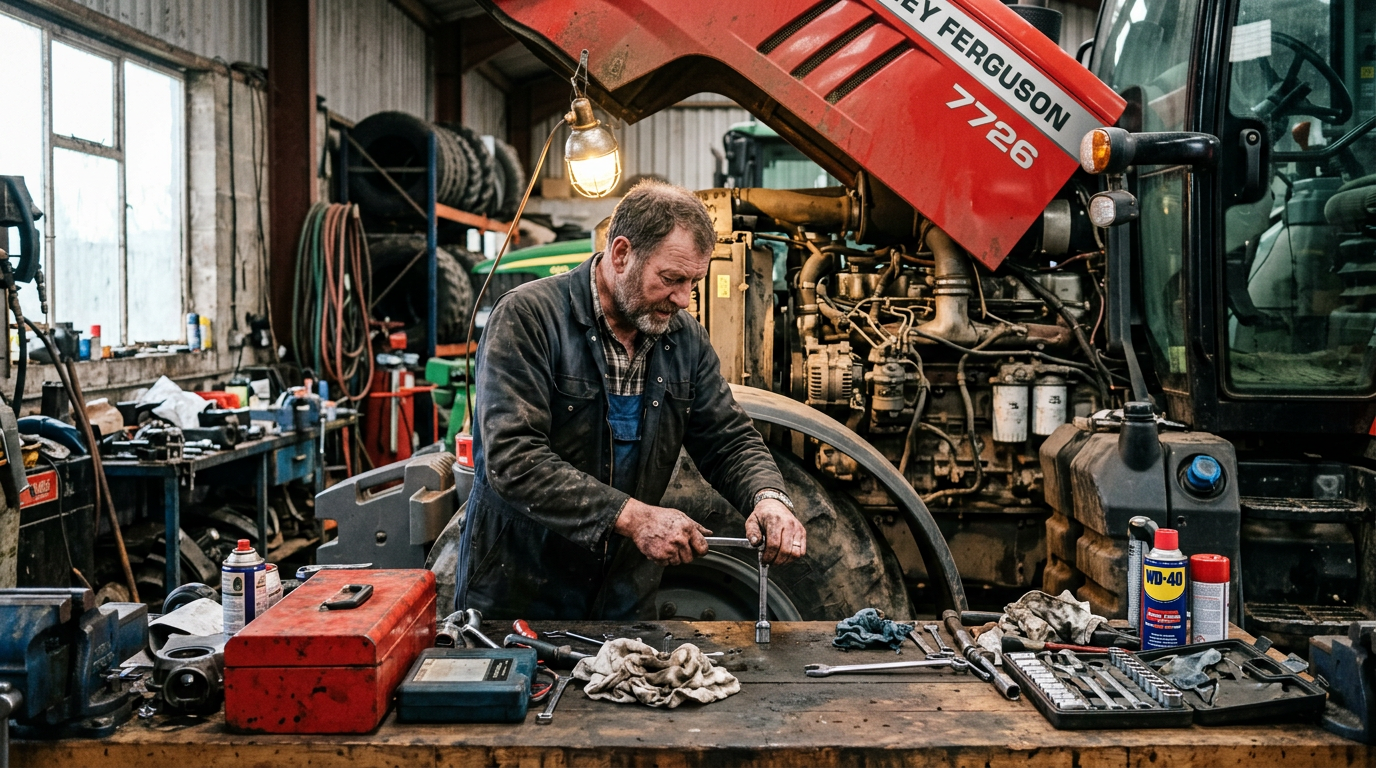 A mechanic servicing a tractor engine inside a machinery workshop